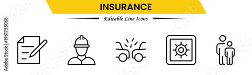 Insurance icons depicting protection, policy, coverage, claims, security, risk management, health, life, property, finance, assurance, safety, support, and benefits.