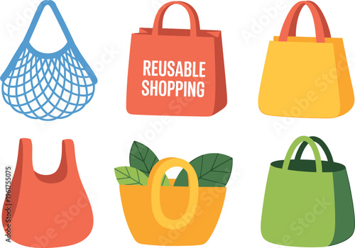 Reusable shopping bag set with eco friendly fabric and mesh net carriers for sustainable lifestyle. Vector illustration