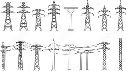 Electric power transmission tower vector set, high voltage pole illustration, utility line pylon front side view, CAD technical drawing