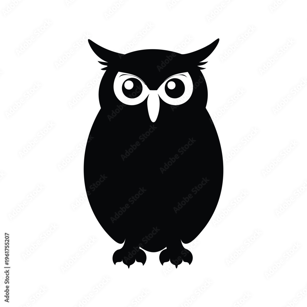 Fototapeta premium Black and white owl big eyes and sharp beak, silhouette vector illustration, owlsilhouette vector illustration