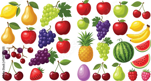 Collection of fresh fruit vector illustrations including apples grapes cherries pineapple banana watermelon pear and berries colorful set