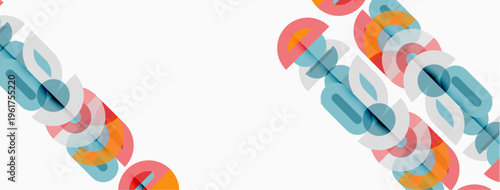 Abstract pattern features overlapping colorful shapes. Design uses blue, orange, pink hues on white background. Simple, modern aesthetic.