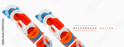 Abstract geometric shapes overlap, creating dynamic visual effect. Blue, red, orange hues dominate white background. Modern design element.