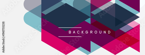 Abstract geometric shapes overlap, creating vibrant layered design. Pink, blue, purple hues dominate composition. Text reads BACKGROUND.