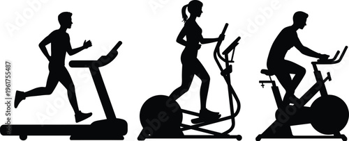 Cardio workout silhouette illustration featuring treadmill, elliptical trainer, and exercise bike, symbolizing fitness, gym, and healthy lifestyle design projects