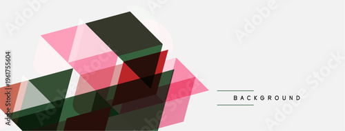 Abstract geometric shapes overlap, creating layered visual effect. Pink, green, brown hues dominate white background. Minimalist design.