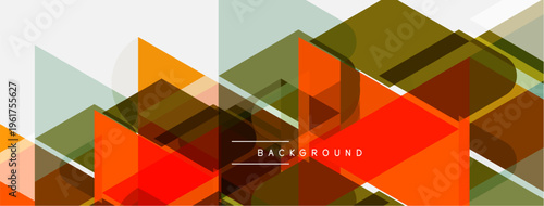 Abstract geometric shapes overlap. Orange, green, brown hues dominate design. Minimalist text reads background. Modern aesthetic.