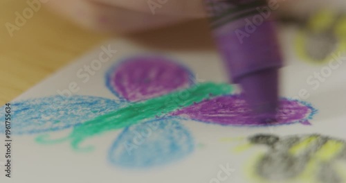 Crayons Child Drawing Purple Butterfly Close