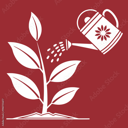 A white watering can pouring water on a plant
