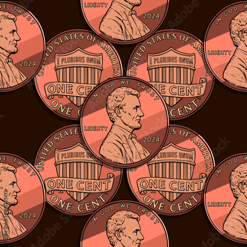 One cent coins on a dark brown background. Infinite pattern, abstract background, seamless pattern. Ideal for fabric, wallpaper, wrapping paper, or digital backgrounds.