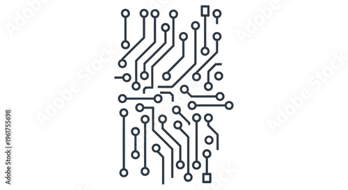 Abstract circuit board pattern with interconnected lines and nodes on a white background