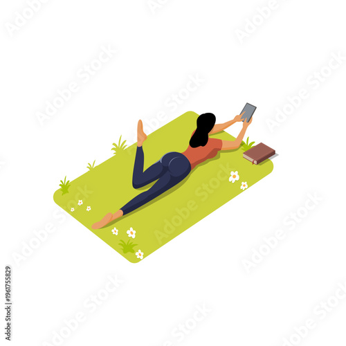 Woman lying on the grass and reading a book. Isometric vector illustration.