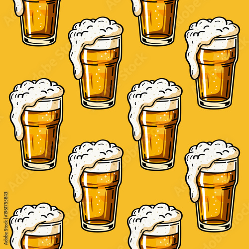 Beer glasses filled with foam on yellow brown. Infinite pattern, abstract background, seamless pattern. Ideal for fabric, wallpaper, wrapping paper, or digital backgrounds.