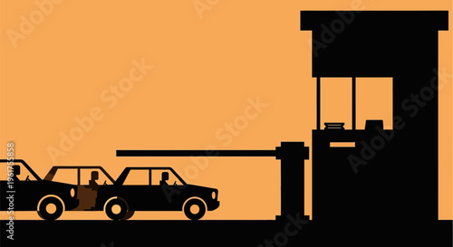 Silhouette of cars passing through security gate with booth at sunset