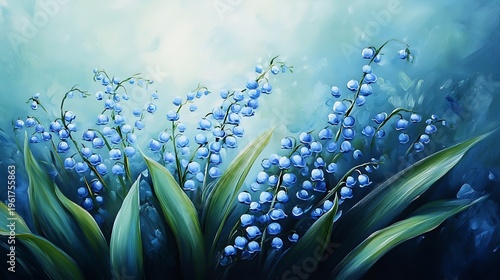 Blue lily of the valley flowers artfully grow with their long green leaves creating beauty