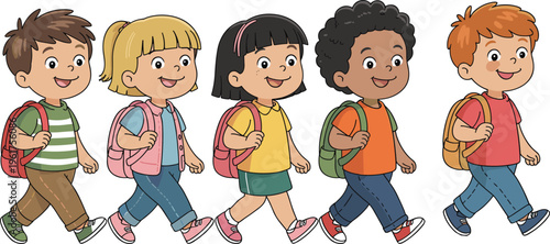 Cartoon children walking with colorful backpacks, symbolizing school, education, diversity, and friendship, perfect for learning, youth lifestyle, and creative design projects