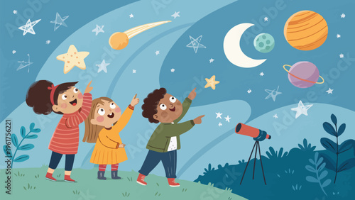 Three children pointing at stars planets and moon in a night sky with a telescope