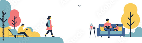 Serene park scene with people relaxing on benches and sofas enjoying leisure time in a natural setting