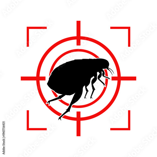 Red target with flea, Flea prohibition symbol, Concept Pest and insect control in the home. Flat vector illustration