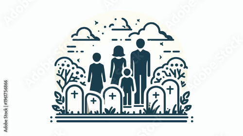 Family Silhouette Mourning at Cemetery Memorial