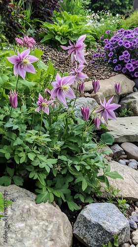 Lavender columbine flowers blossom among green foliage and stones in a garden setting on a sunny day