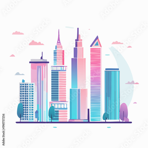 Modern Cityscape with Tall Skyscrapers and Lush Green Trees Under a Pastel Sky