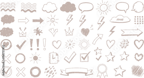 Extensive collection of hand-drawn doodle icons and sketchy symbols including arrows, checkmarks, hearts, stars, clouds, and speech bubbles for design projects