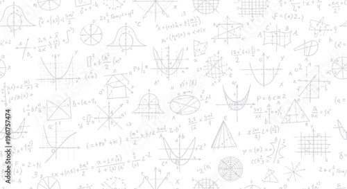 Complex seamless background with hand-drawn mathematical formulas, physics equations, and algebra graphs on white for education, science, and problem solving concepts