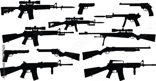 Gun silhouette collection set including rifles pistols sniper shotgun weapon icons black isolated vector illustration military equipment design