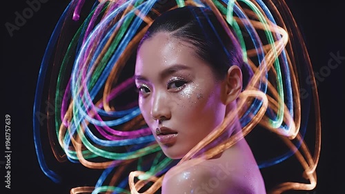 Portrait of a woman with neon light trails around head.