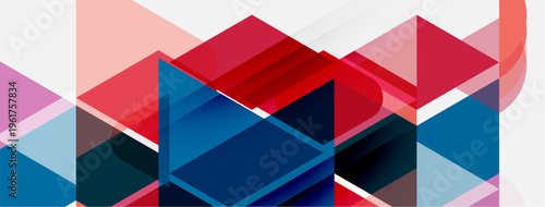 Abstract geometric composition. Overlapping shapes create dynamic visual effect. Red, blue, pink hues dominate design. Minimalist style.