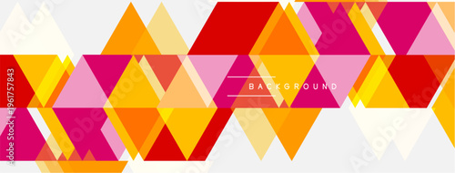 Geometric triangles form vibrant pattern. Orange, pink, red hues dominate design. Modern aesthetic, clean lines present abstract background.