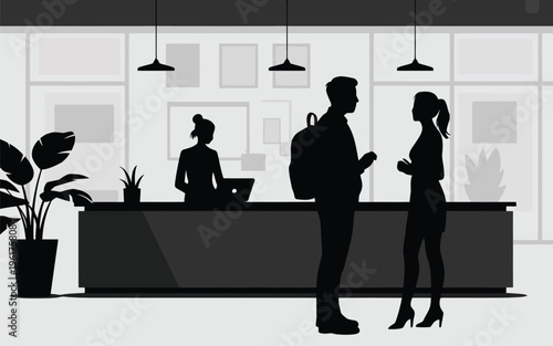 Silhouettes of a receptionist assisting guests at a modern office front desk area in monochrome