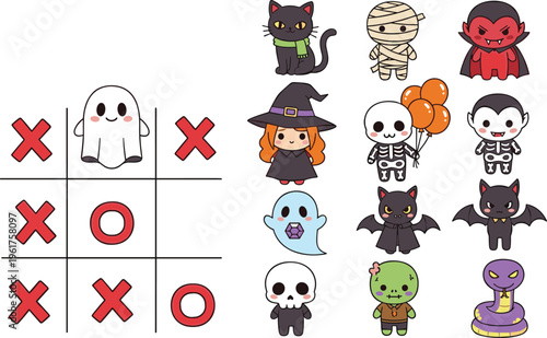 Halloween vector collection featuring cute cartoon monsters like vampire mummy witch and ghost with a tic tac toe game board for kids activity.