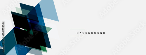 Abstract geometric shapes overlap, creating dynamic visual effect. Blue, green hues dominate minimalist composition. Background text present.