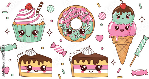 Cute dessert cartoon set with cupcake donut ice cream cake candy and sweet treats kawaii style colorful characters isolated on white background