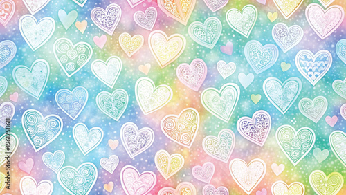 Romantic seamless background filled with various red hand-drawn hearts background 