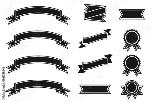 Black ribbon banners and rosette badges vector set