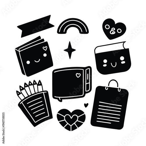 A collection of cute black and white stationery doodles featuring books and school supplies icons