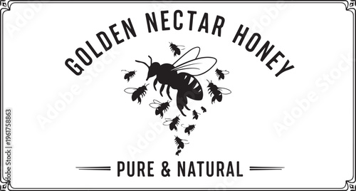 Honey bee logo, golden nectar label, pure natural icon, black and white vector