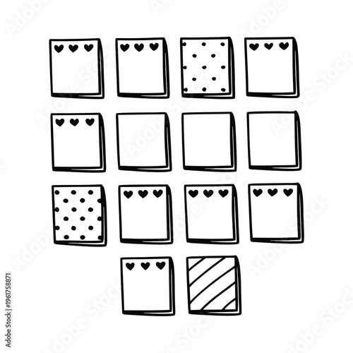 A collection of hand drawn square sticky note icons with various patterns and heart decorations