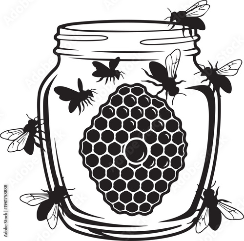 Black and white bee hive in jar, honeycomb illustration, bees flying around, vector graphic