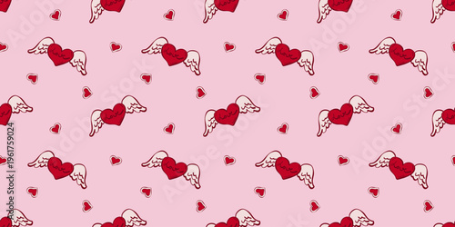 Abstract seamless pattern with tiny red hearts with wings. Vector illustration for Valentine's Day, baby shower, birthday, wedding print.