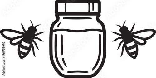 Black and white honey jar, bees vector illustration, apiary icons, insect wildlife symbols