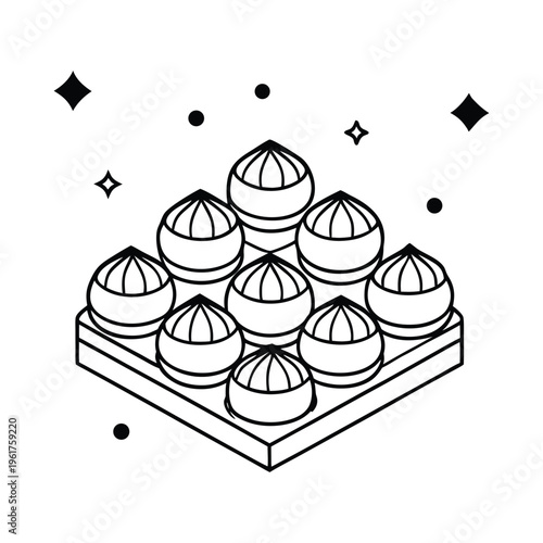 A black and white line art illustration of a square tray holding nine round chocolate bonbons