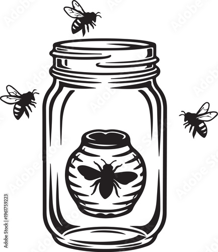 Mason jar, bee in jar, insects, black and white illustration, vector graphic