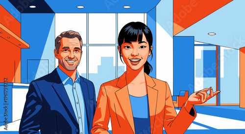 Excited Diverse Business People in Modern Office Vector Illustration