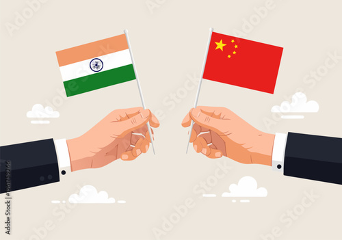 Two Hands Hold Indian and Chinese Flags, Vector Illustration of International Relations and Diplomacy