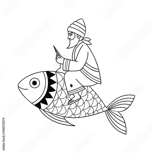 A black and white line art illustration featuring a bearded man riding on the back of a large fish