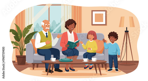 Vector illustration of a happy multi-generational family enjoying story time together on a comfortable sofa in a warm living room